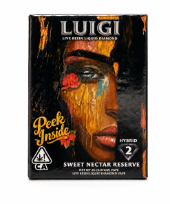 Luigi Sweet Nectar Reserve 2g hybrid live resin liquid diamond vape box featuring “Peek Inside” artwork.